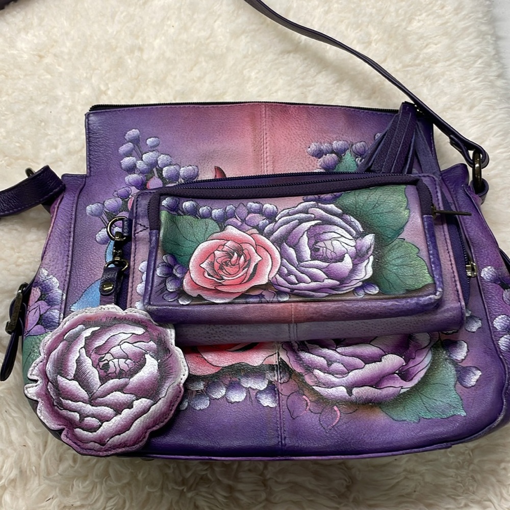 Anuschka Floral Purple Handbag and Wallet Set with bag charm and eyeglass pouch - Picture 13 of 14